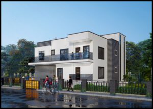 This charming exterior, with its white walls and purple roof, is truly eye-catching. Moreover, two-story home—complete with a balcony and a surrounding garden—promises comfort and a pleasant living environment.